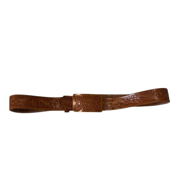 Unbranded Other - VTG Hand Tooled Leather Belt Size 34 Full Grain Cowhide Sun Face Stamped Unisex